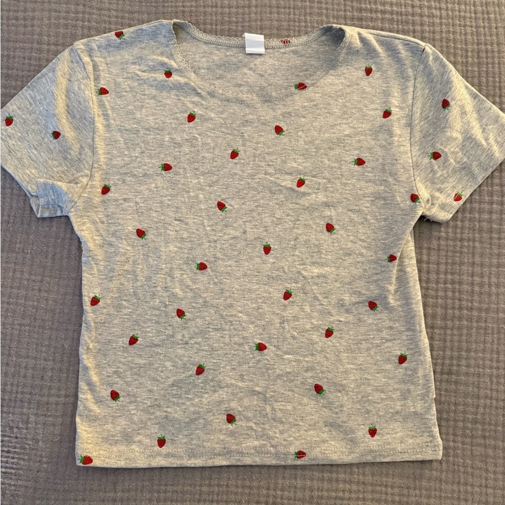 Brandy Melville Gray Tee with Strawberry Print